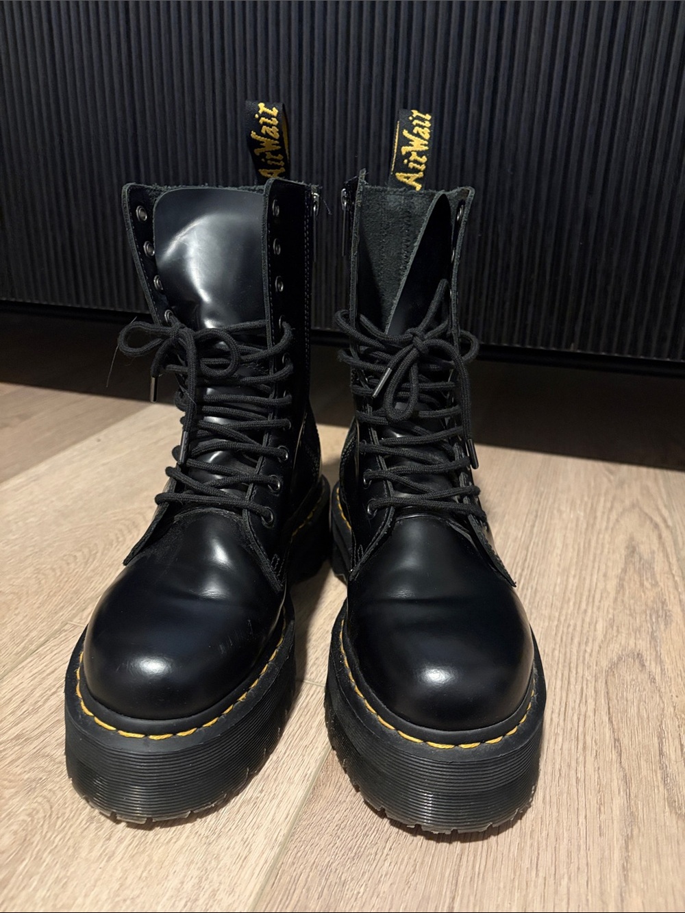 Dr. Martens Black Leather Platform Lace-Up Boots with Yellow Stitching - Picture 6 of 8